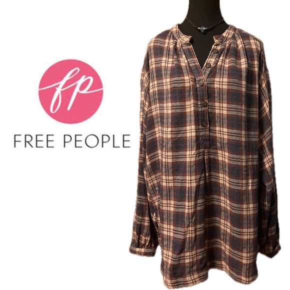 Free People Northern Bound Plaid blouson L/S Button Oversized Flannel Pullover M - Picture 5 of 13